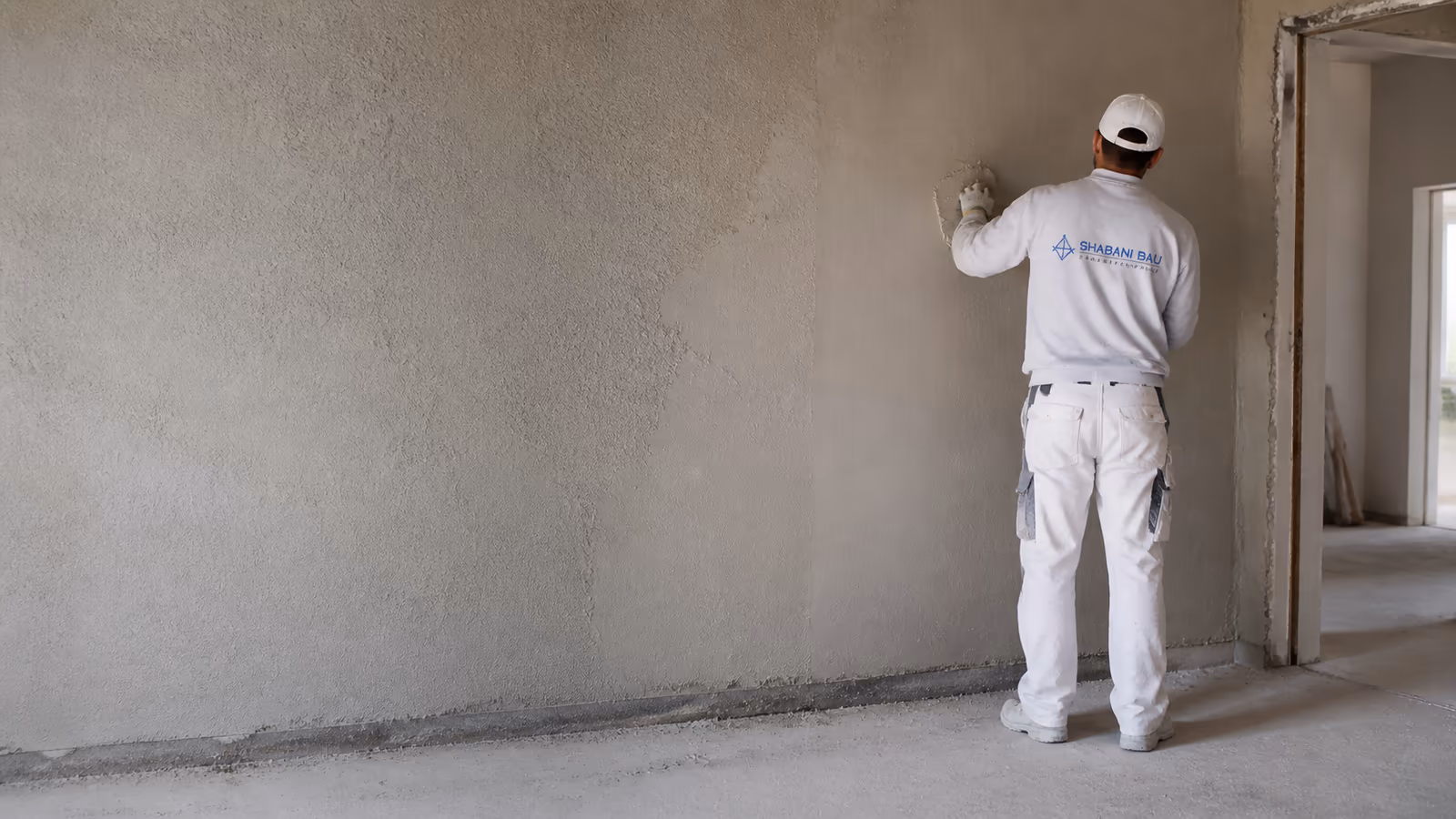 Stuckateur von Shabani Bau zieht frischen Innenputz an einer Wand ab